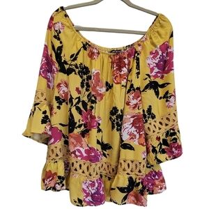 3X Floral Bell Sleeve Over the Shoulder Embroidered Flowy Blouse